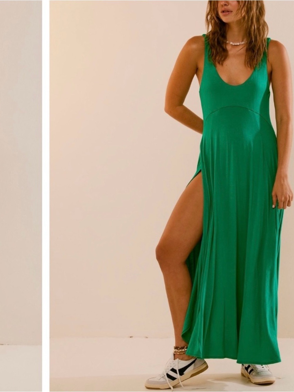 Free People Feliz Maxi Kelly Green Scoop Neck Maxi Dress with High Side Slits
